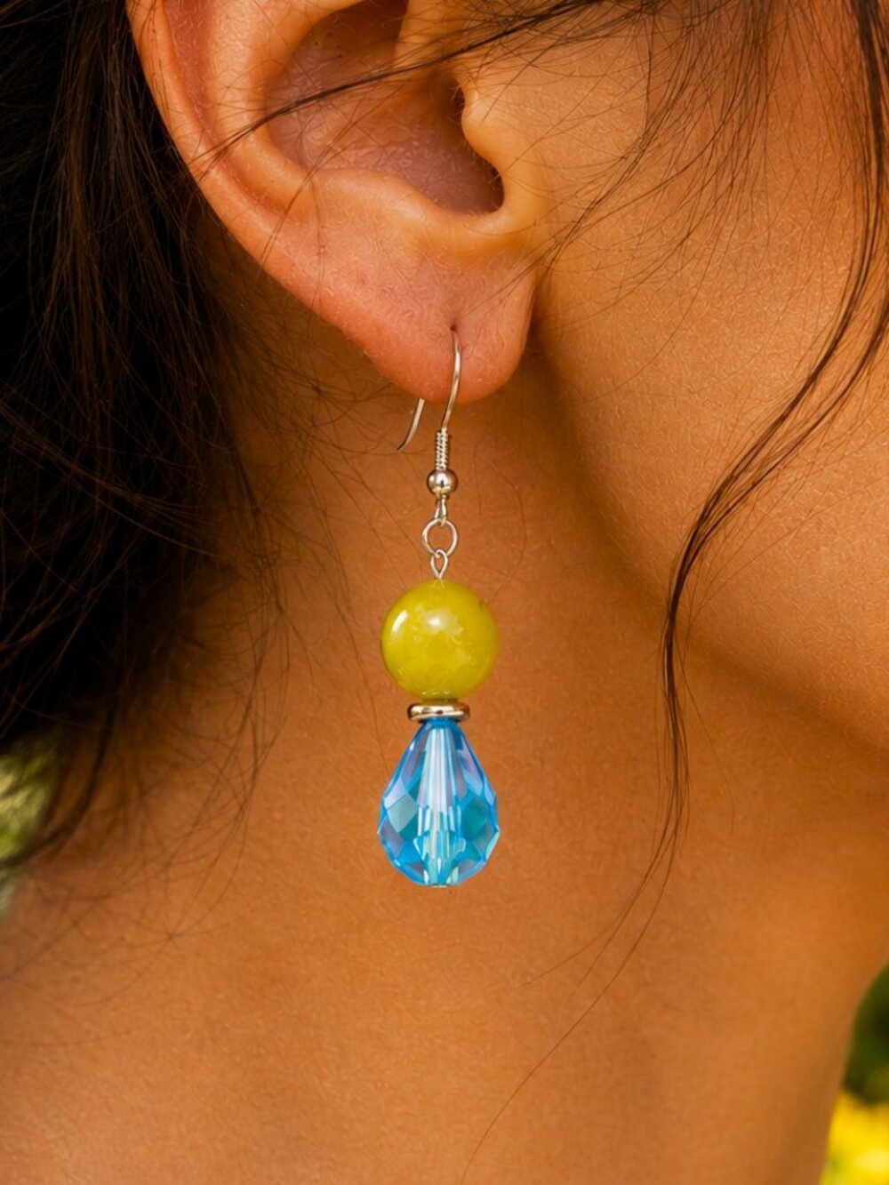 Lime Jade Stone & Iridescent Aqua Glass Drop Earrings, Sterling Silver Hooks